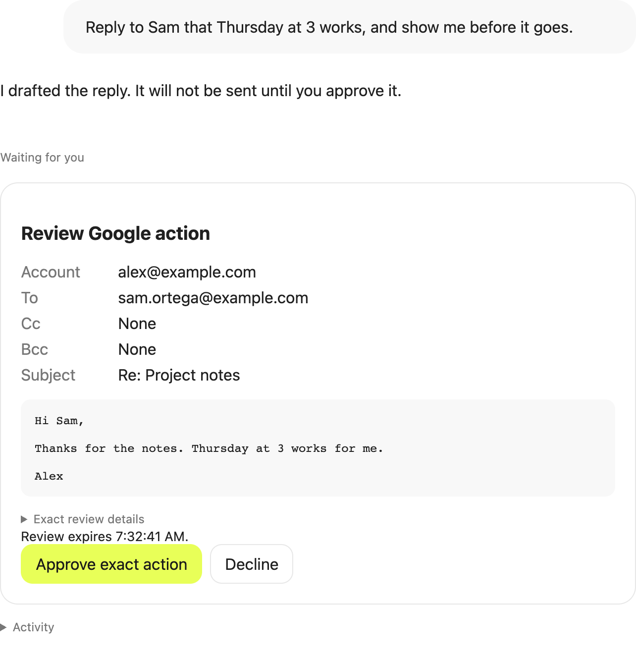 Aven waiting for approval of a drafted email reply to Sam, showing the account, recipients, subject and body above Approve exact action and Decline buttons.