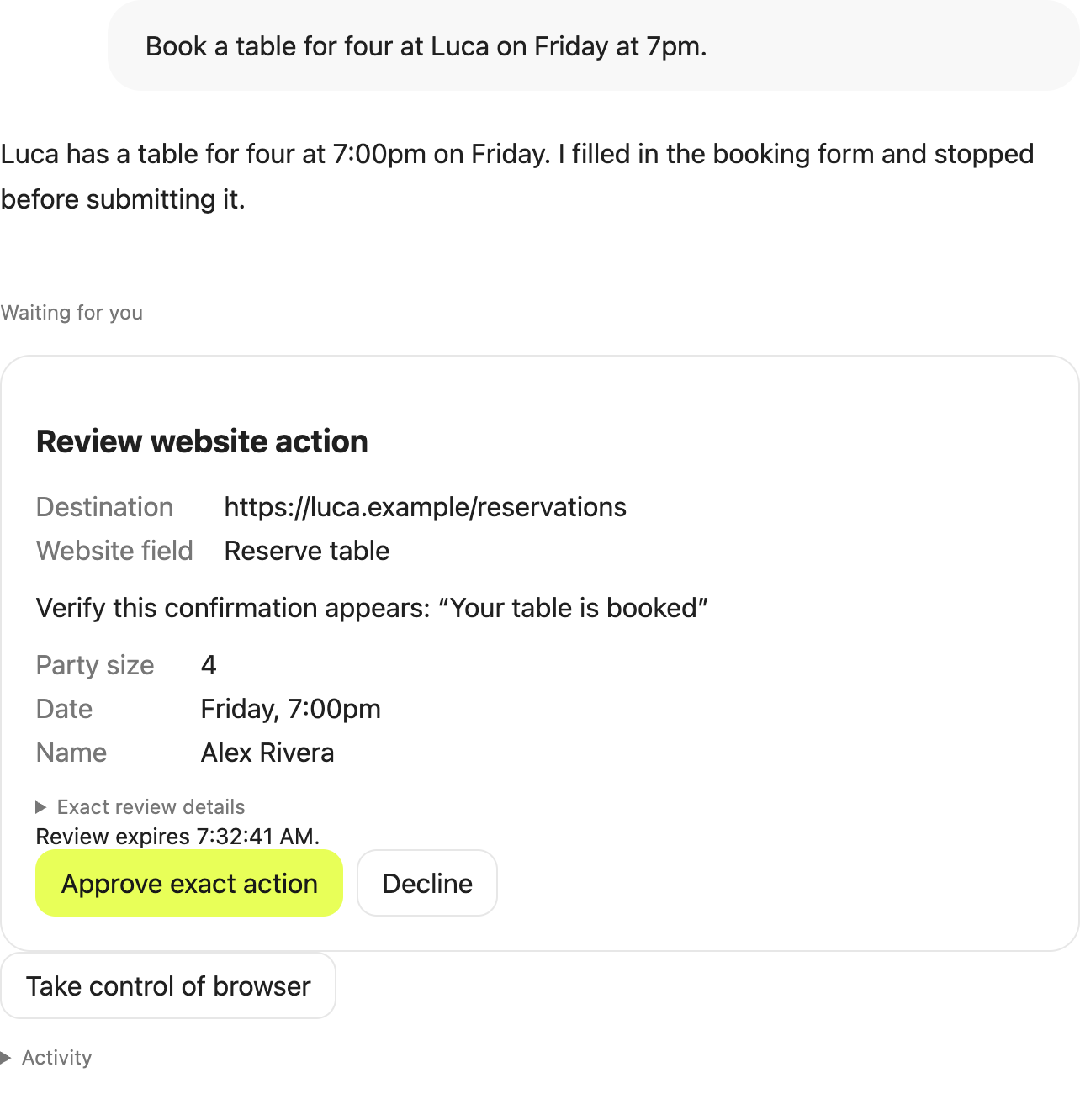 Aven paused before submitting a restaurant booking form, listing the destination, party size, date and name, with Approve exact action, Decline and Take control of browser buttons.