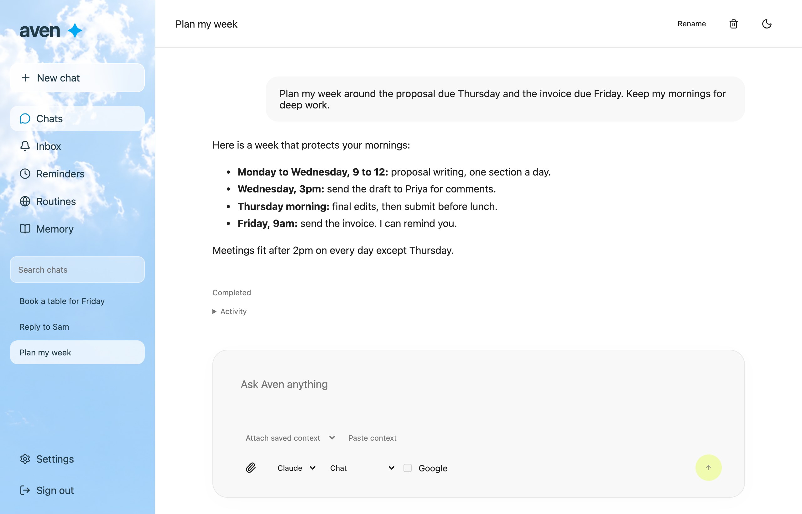 An Aven chat planning a week around two deadlines, with the sidebar showing Chats, Inbox, Reminders, Routines and Memory.
