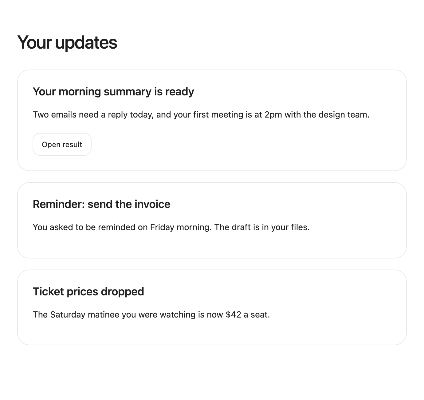 The Aven inbox with a morning summary, an invoice reminder and a ticket price alert.