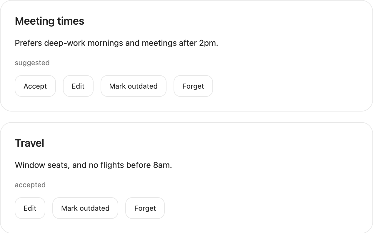 A suggested memory about meeting times with Accept, Edit, Mark outdated and Forget buttons, above an accepted travel preference.